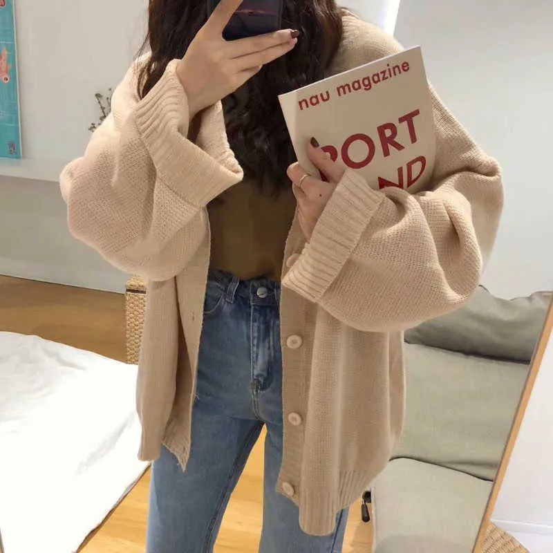Cardigan Women Full Sleeve V-neck Solid Button Oversize Retro Lazy Students Korean Style Fashion All-match Simple Sweater Female 211018