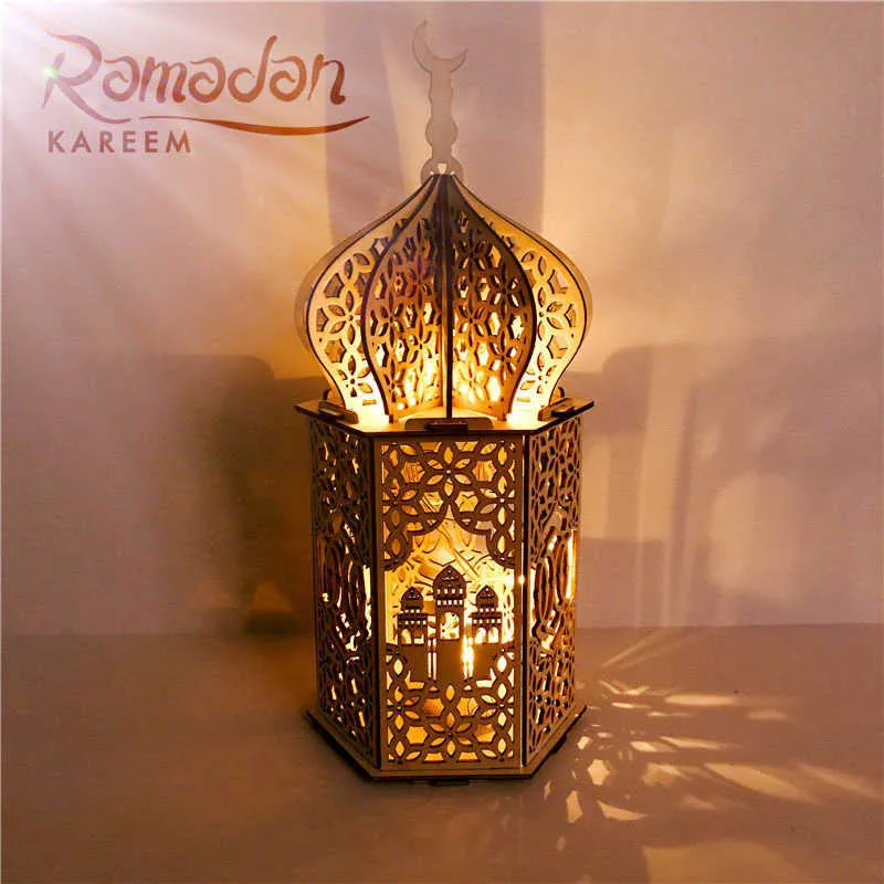 En bois Eid Desktop Decoration Moubarak Muslim Wood Crafts Lights Chauds Lantern Ornements pour Eid Muslim Islam Ramadan Party 2106102782305