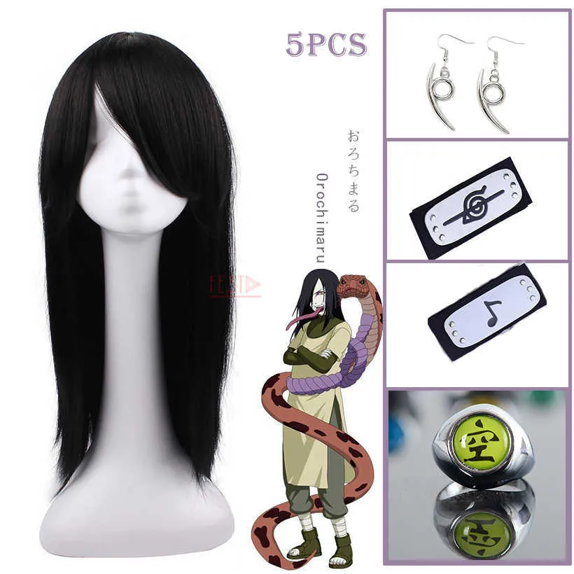 Anime Boruto personnage Orochimaru Cosplay perruque longue noir bijoux bandeau boucle d'oreille anneau résistant à la chaleur fibre cheveux + casquette Y0913