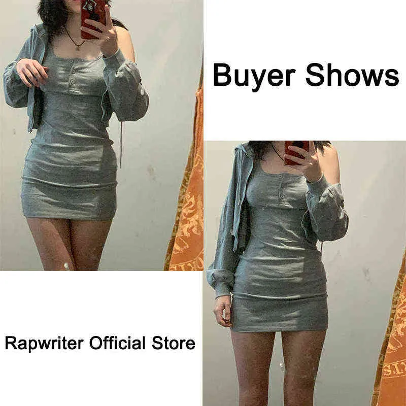 Gray Zip Up Hoodie Crop Top And Strap Button Dress Cotton Two Piece Set Tracksuit Women Autumn Sweatsuit Outfits Streetwear 211106