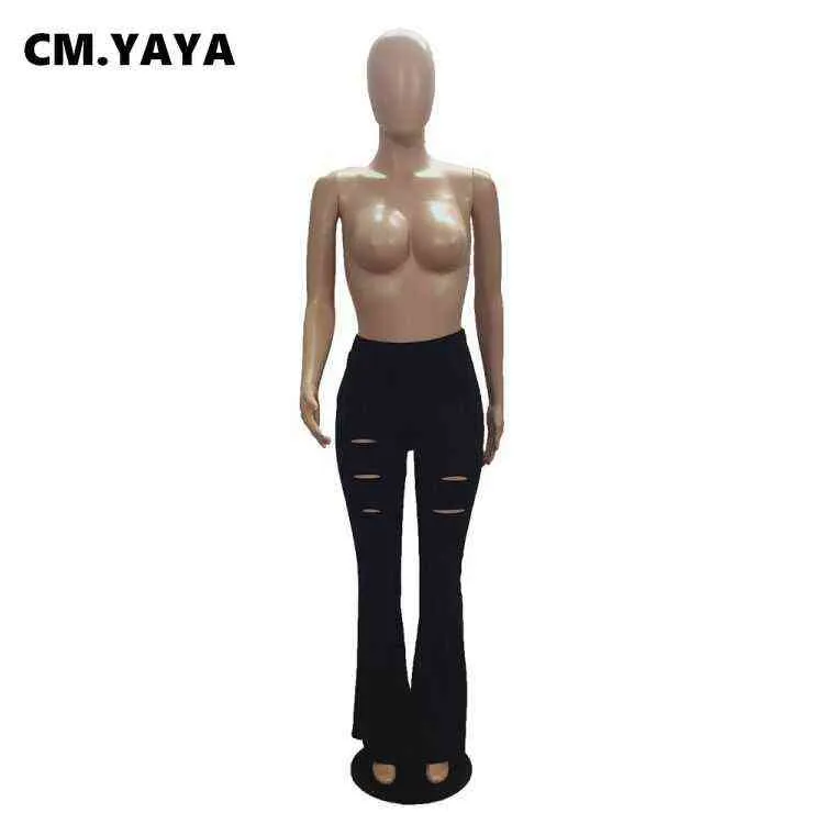 CM.YAYA grande taille trou pantalon femmes pleine longueur maigre taille élastique solide Flare pantalon printemps automne haute couture dame pantalon 211124