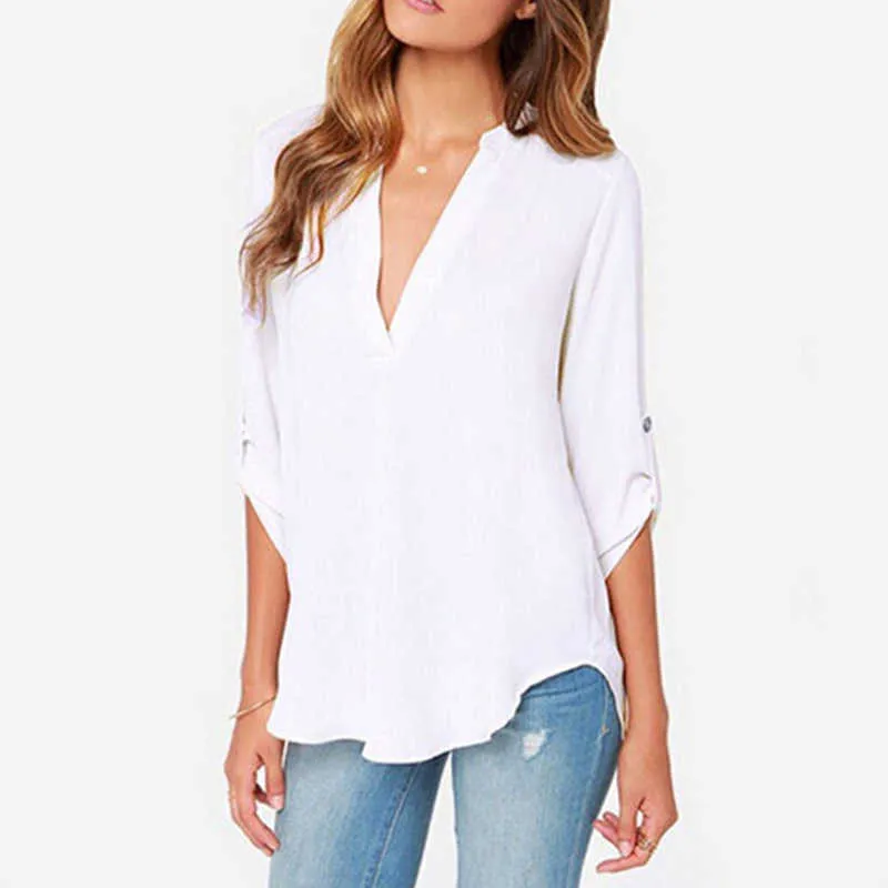 Spring Women V Neck Chiffon Blouse Elegant Solid Roll Up Long Sleeve Casual Solid Office Shirt Plus Size 5XL Lady Blouse Top 210721