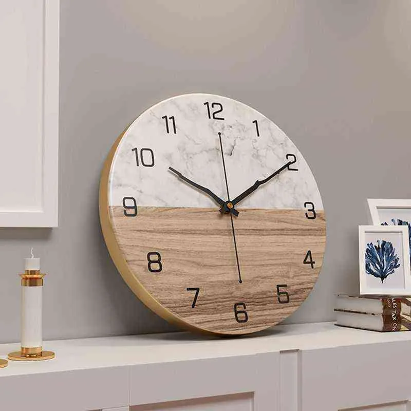 Nordic Style Marmor Mönster Väggklocka Rund Tystmetall Modig Enkel Silent Klocka Hem Rumsinredning Design Timer H1230