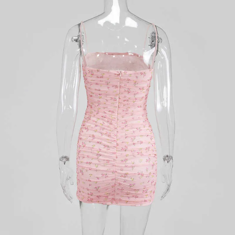 Colysmo 2 lager sommar blommig klänning kvinnor sexiga spaghetti straps mini bodycon es kvinna fest natt mesh ruched 210527