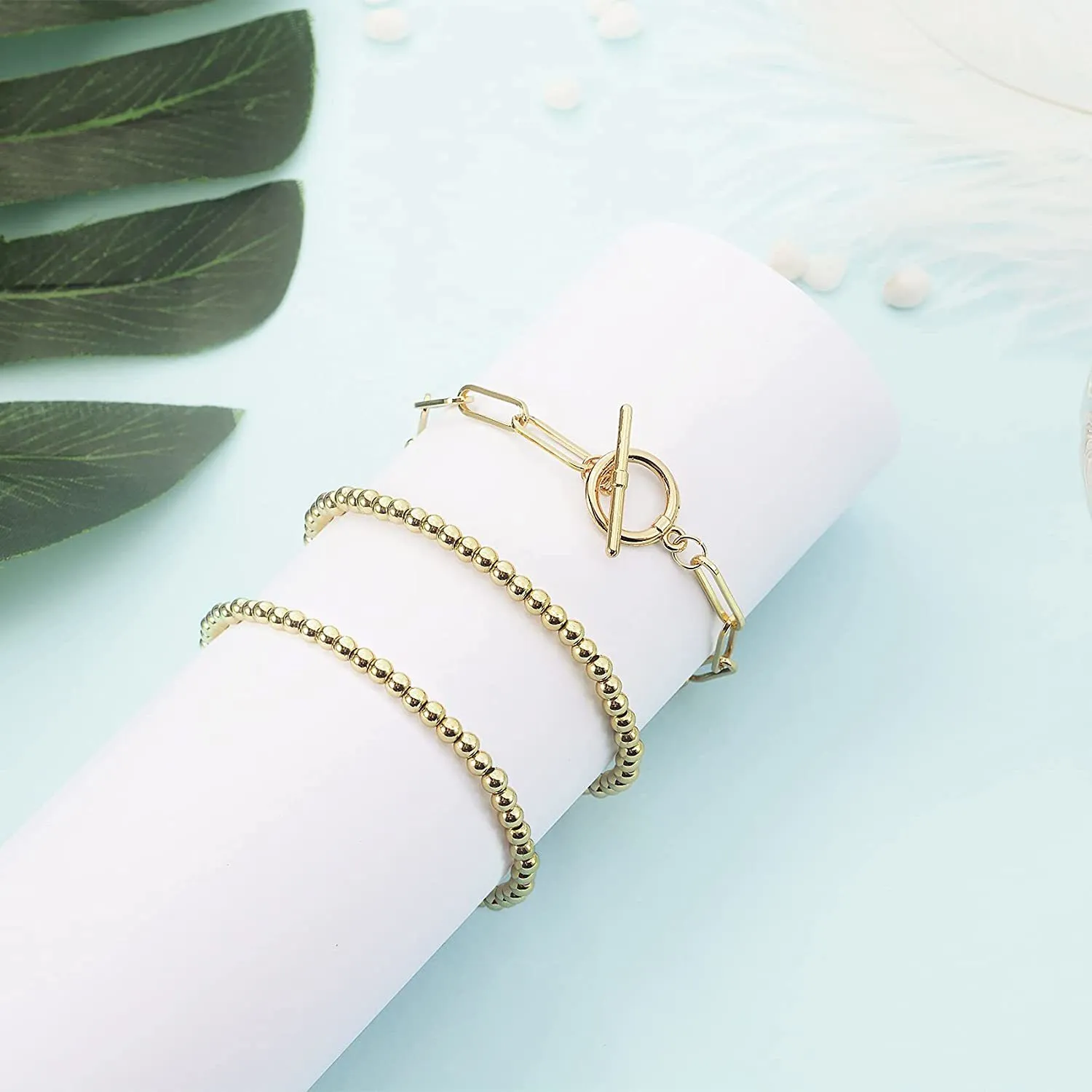 14k Gold Plated Bead Ball Armband Gold Beaded Armband för kvinnor Stapble Stretch Elastic Armband Smyckesgåvor