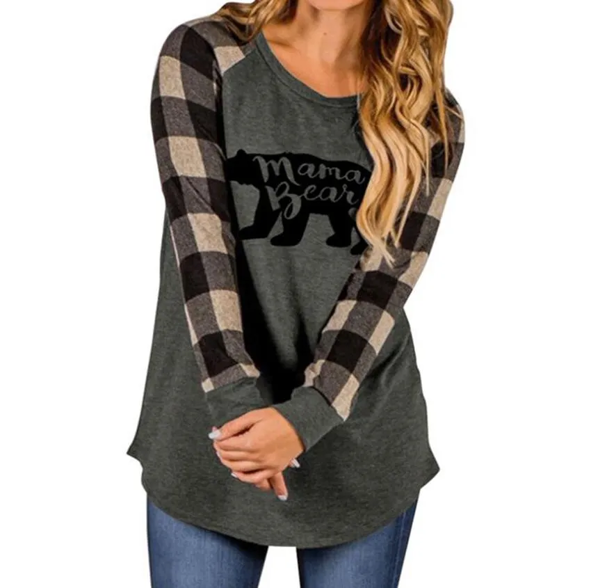 Qnpqyx vrouwen mama beer hoodie 4 kleuren plaid patchwork brief gedrukt sweatshirts ronde hals casual tops