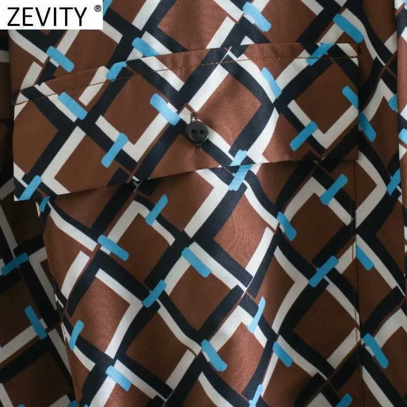 Zevity Femmes Vintage Contraste Couleur Géométrique Imprimé Chemise Mini Robe Dames Poche Patch Chic Ceintures Robe DS4762 210603