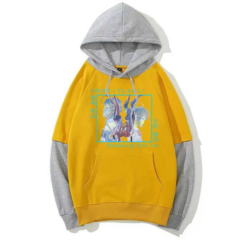 2021 Japan Weathering With You Cute Amano Print Loog Sleeve Fake Två bitar Hoodie Sweatshirt Enkel klassiker H0910