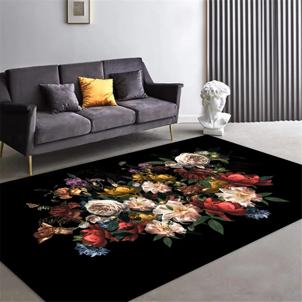 Luxus schwarzer europäischer Teppich mit großer Blume Retro klassische Blumenteppiche Schlafzimmer Flur Teppich Fußmatte Wohnzimmer Teppichmatte 210301
