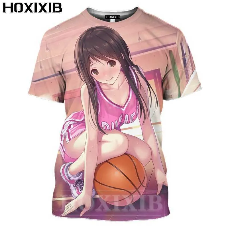 HOXIXIB 3D Manga Nacktheit Schönheit Cartoons Anime Mädchen T-Shirt Männer Frauen Große Brust Bikini Sandstrand Fußball Modell Hentai T-Shirts X0602