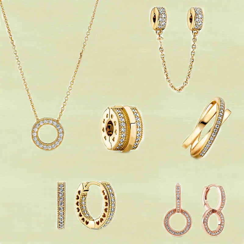 2021 automne série 925 argent brillant charmant doré Double cerceau boucles d'oreilles multi-anneaux collier pendentif mode ensemble de bijoux