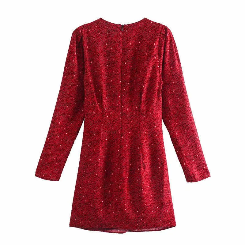 Za print vintage mini klänning kvinnor v nacke långärmad ruched party klänningar kvinna mode tillbaka zip foder elegant röd klänning 210602