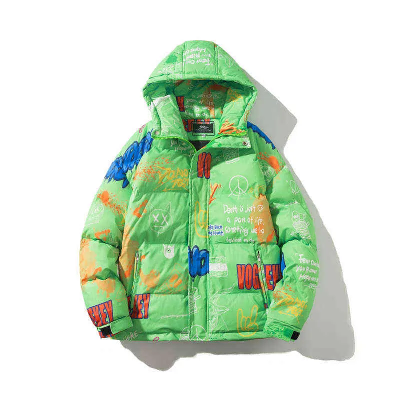 Glacialwhale down jacket män vinter graffiti hooded vindtät kappa streetwear överdimensionerade hip hop svart för 211214