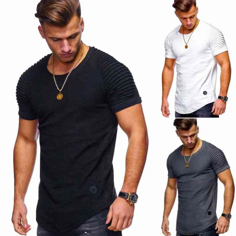 2021 NOUVEAU Hommes O-cou Slim Fit Couleur Unie Court Hommes T-shirt Rayé Pli Manches Raglan Style T-shirt Hommes Hauts T-shirts Taille S-XXXL G1222