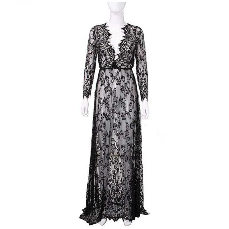 Ladies Long Gowns Black Lace See Though Deep V Ropa Sexy Para El Sexo Lingerie Porno Night Dress Nightgown Sleep Wear 210924