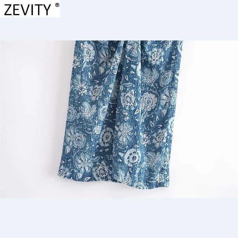 Zevity Mulheres Totem Vintage Floral Impressão De Design Knotted Split Uma Linha Saia Faldas Mujer Feminino Back Zipper Verão Vestidos Qun764 210721