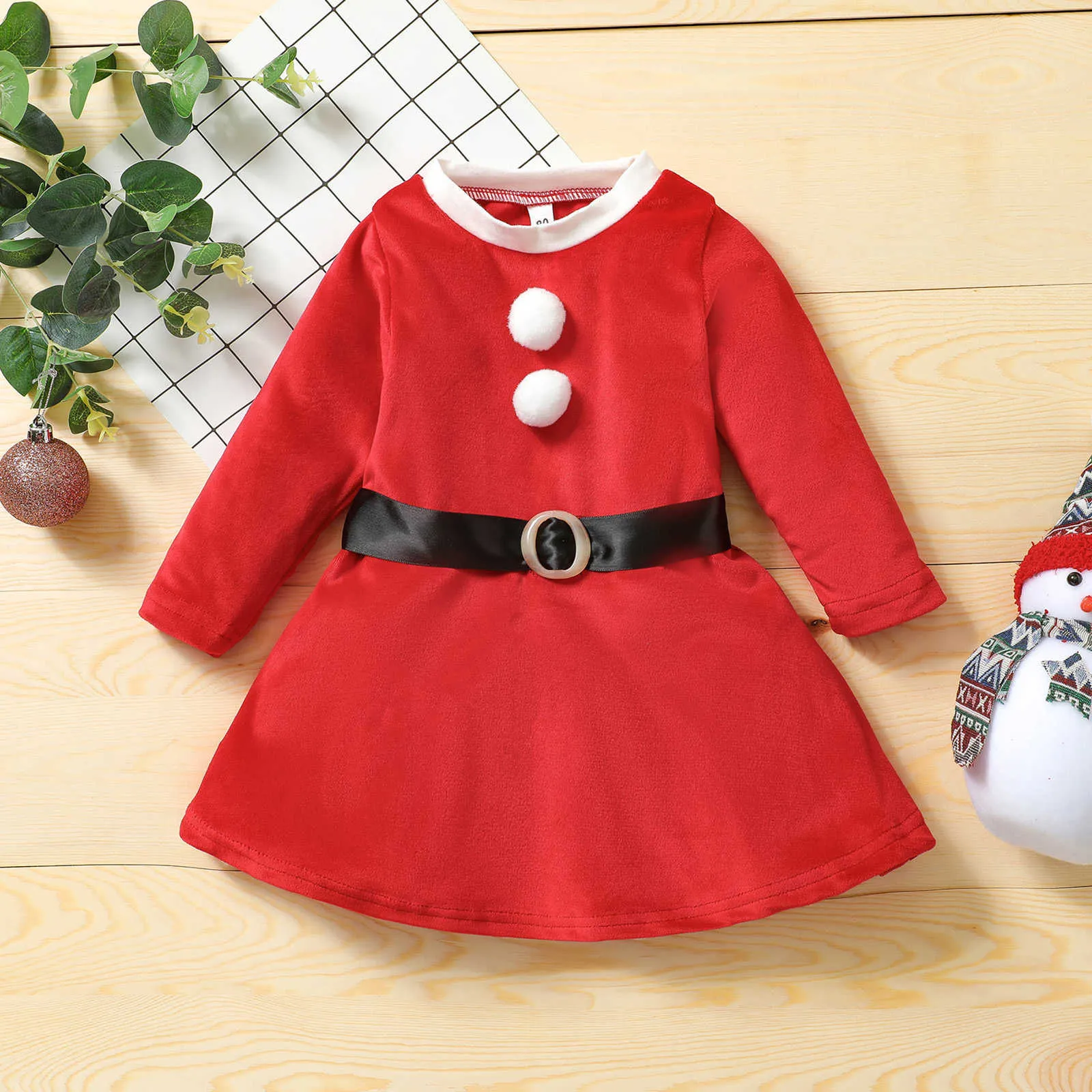 Vestito natalizio da ragazza bambini Abito a maniche lunghe con pon pon Babbo Natale Abiti cosplay G1026