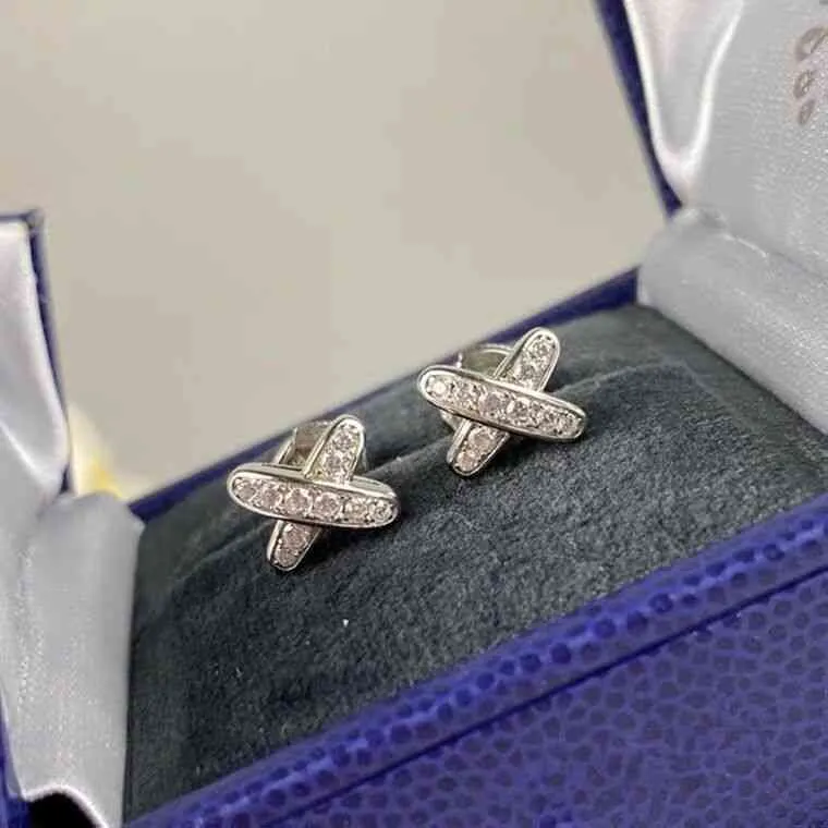 새로운 Xiaoshangjia 925 Sterling Silver Plated 18K Gold Shangjia Inlaid X Letter Earrings Full Diamond Earrings9957067