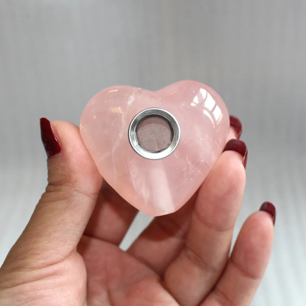 Naturel Rose Quartz Cristal Pipe Rose Cristal Fumer En Forme De Coeur Rayé Amour Guérison Pierres Précieuses Coeur Pipes À Tabac Cadeaux C06149737