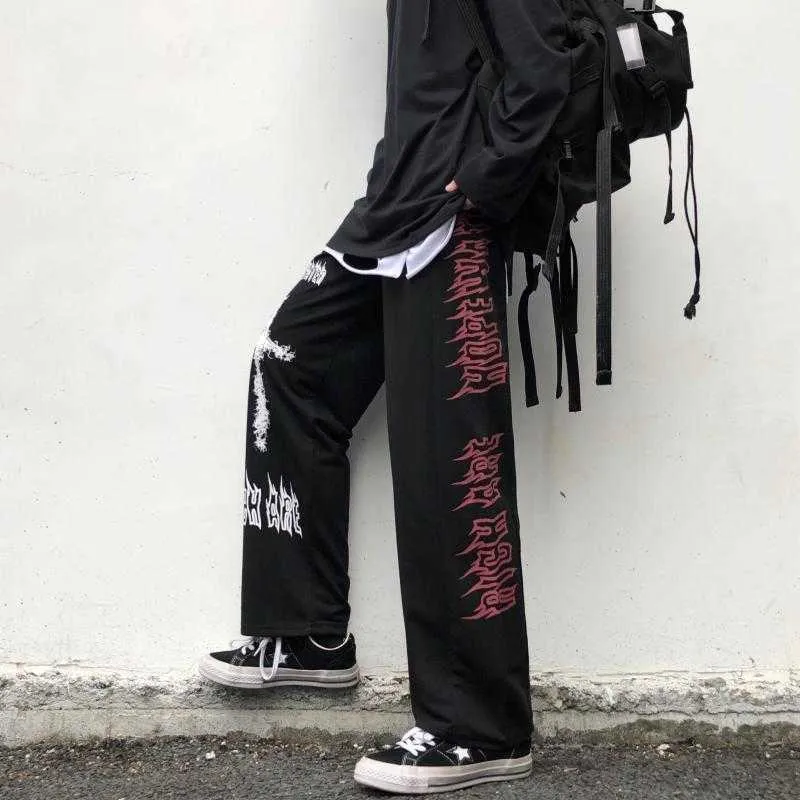 Qweek Punk Hippie Pantalones de pierna ancha Mujeres Gótico Harajuku Streetwear Streetwear Anime Street Style Mall Goth Imprimir Pantalones Hip Hop 210925