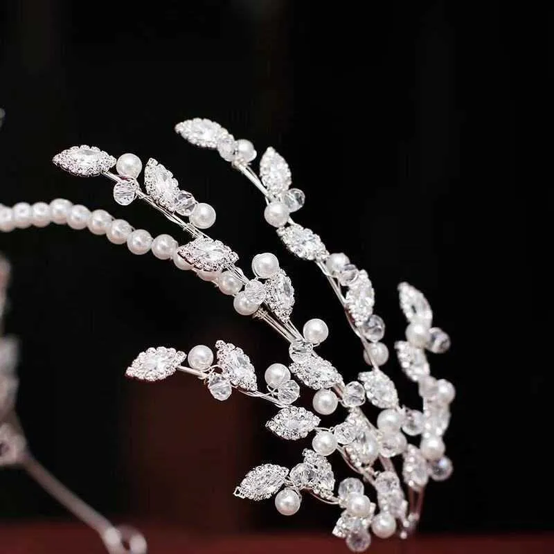 Crystal Pearl Headbands Tiaras Leaf Headpieces Crowns For Bride Evening Dress Headwear Wedding Accessories Bridal Hair Jewelry X0625