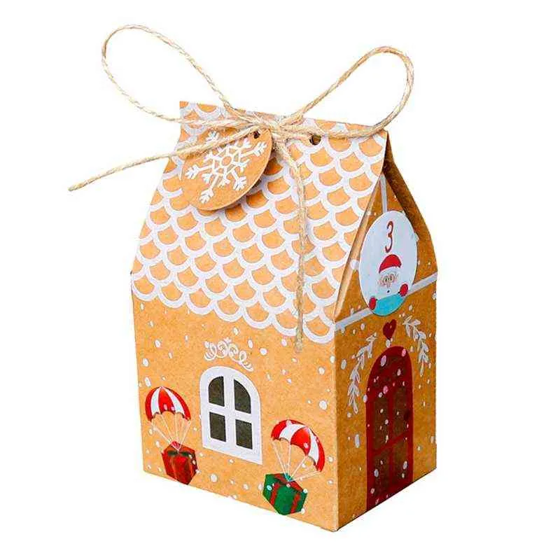 24 세트 크리스마스 하우스 선물 상자 크래프트 종이 쿠키 사탕 가방 눈송이 태그 1-24 출현 캘린더 스티커 밧줄 파티 211216