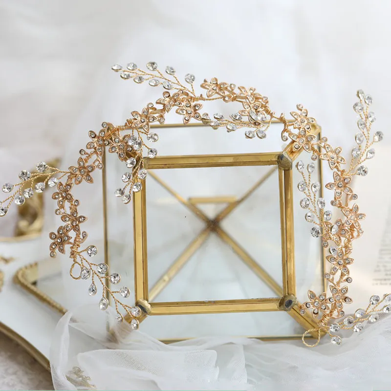 Slbridal ręcznie robione złote przewodowe krysztony kryształowy opaska ślubna pałąk ślubny winorośl Hair Akcesoria Druhny Druhny Kobiety Biżuter5900621