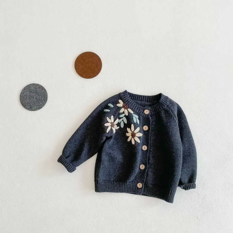 Spring Baby Girl Sweater Coat Långärmad Öppna Stitch Broderade Blommor Outwear Barnkläder E3028 210610
