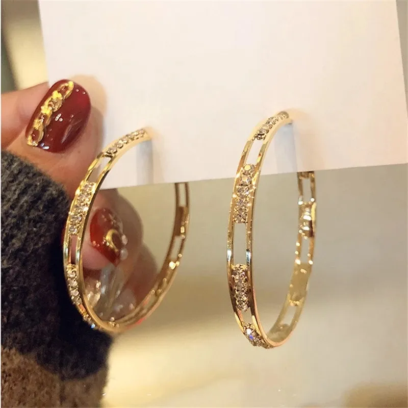 Golden Round Crystal Hoop Earrings for Women Bijoux Geometric Rhinestones Earrings Statement Jewelry Party Gifts