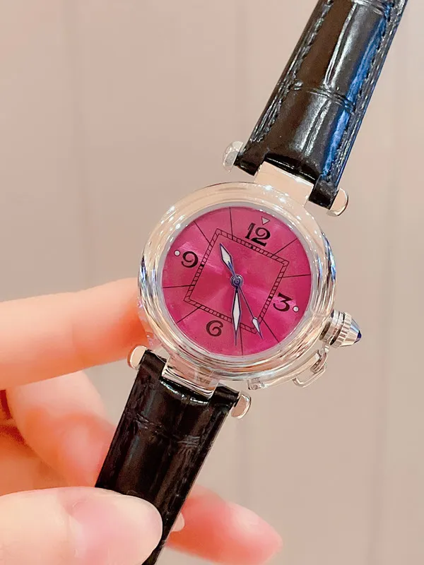 Nueva marca de moda, reloj de cuarzo para mujer, diseño Pasha, esfera redonda cuadrada, reloj de pulsera de cuero genuino rosa, blanco, morado, calendario, reloj 291Q