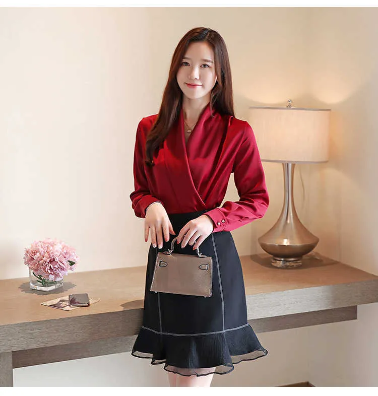 Camicette da donna in seta moda coreana autunnale Camicette in raso tinta unita e magliette a maniche lunghe rosa taglie forti XXL 210531