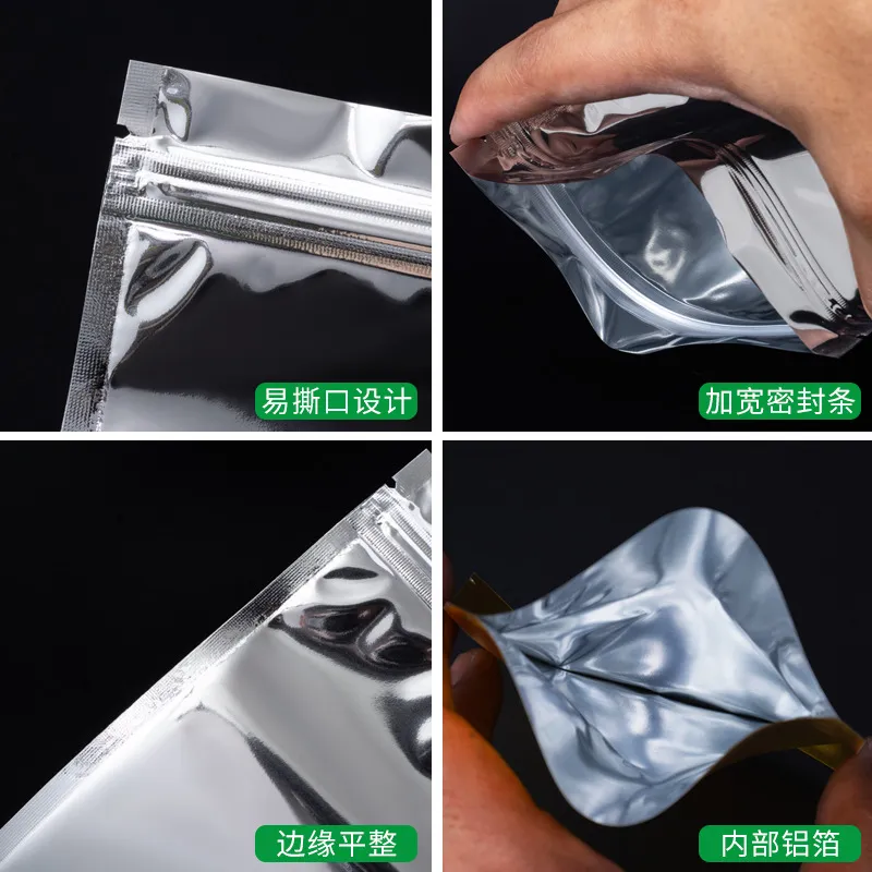 Glossy Silver Aluminum Foil Mylar Zipper Lock Bag Flat Resealable Packaging Pouch with Zipper for Food Tea Storage Pack