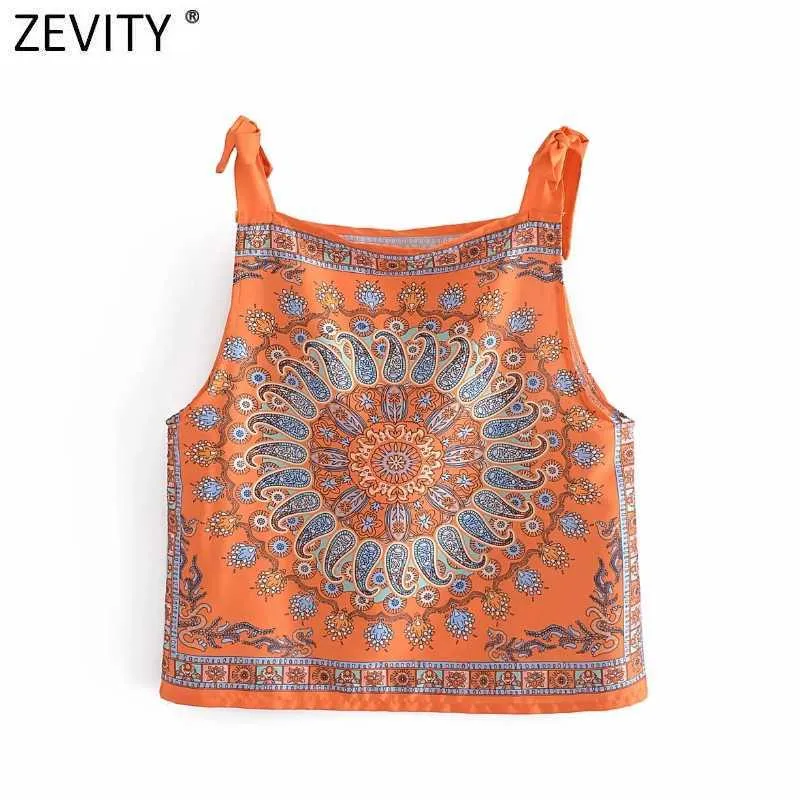 Zeveity Женщины Индия Народное положение TOTEM Цветочные принт Шикарные Срезы Camis Tank Дамы Летние Бантики Ремешок Жилет Урожай Вершины LS9263 210603