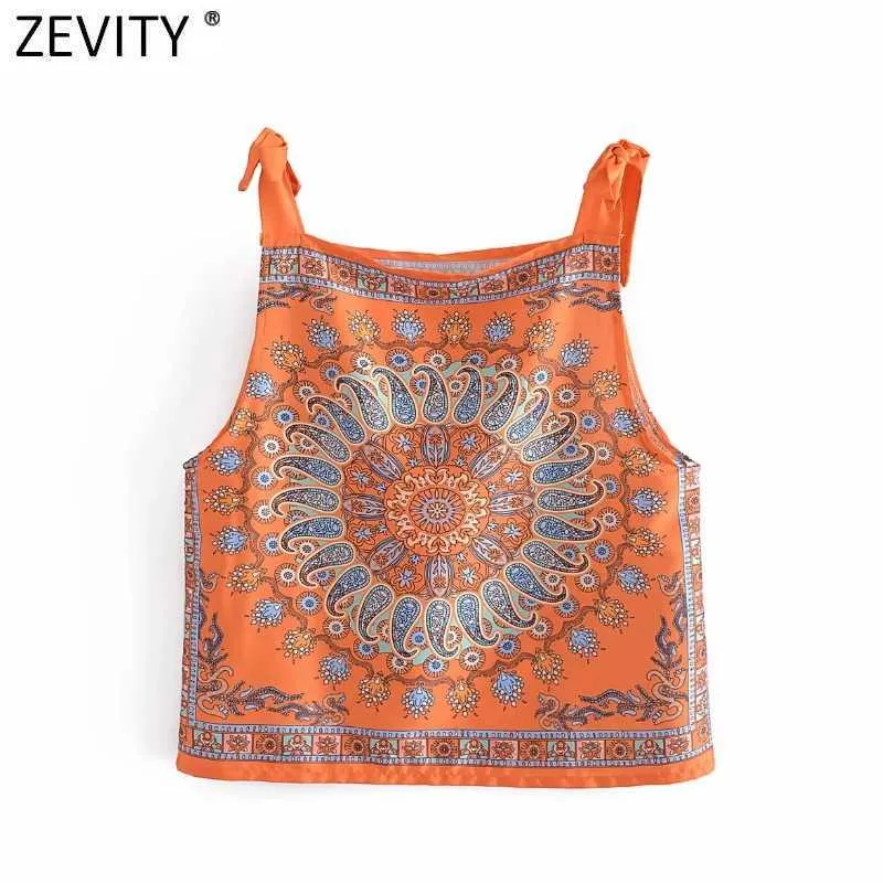 Zevity Women India Folkposition Totem Floral Print Chic Sling Camis Tank Damer Summer Bowknot Strap Vest Crop Tops LS9263 210603