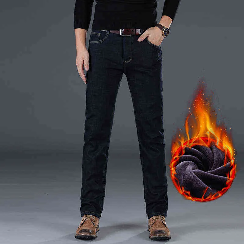 SHAN BAO Marque d'hiver Jeans droits ajustés Style classique Badge polaire épais et chaud Jeunes hommes Slim Denim Jeans 211124