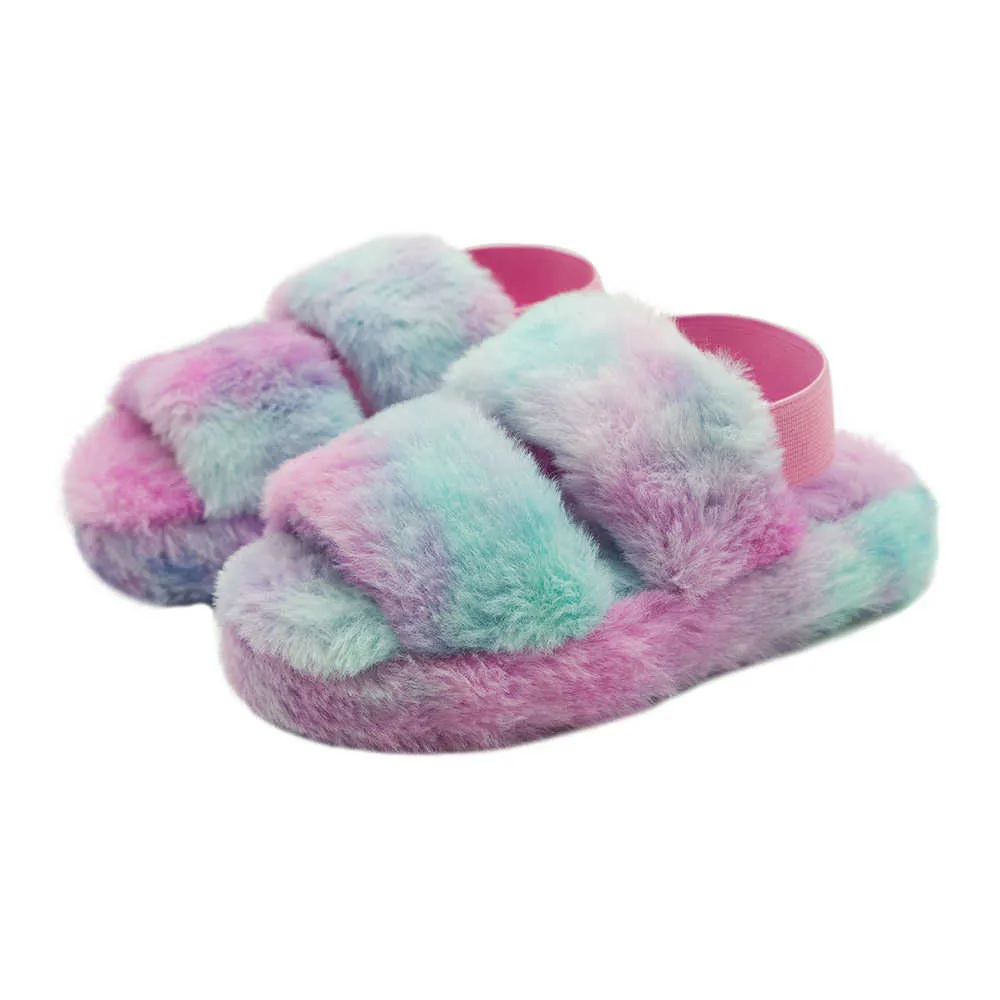 Plush tofflor Kids Winter Cross Band Furry Inomhus Skor Öppna Toe Fluffy House Slippers 211119