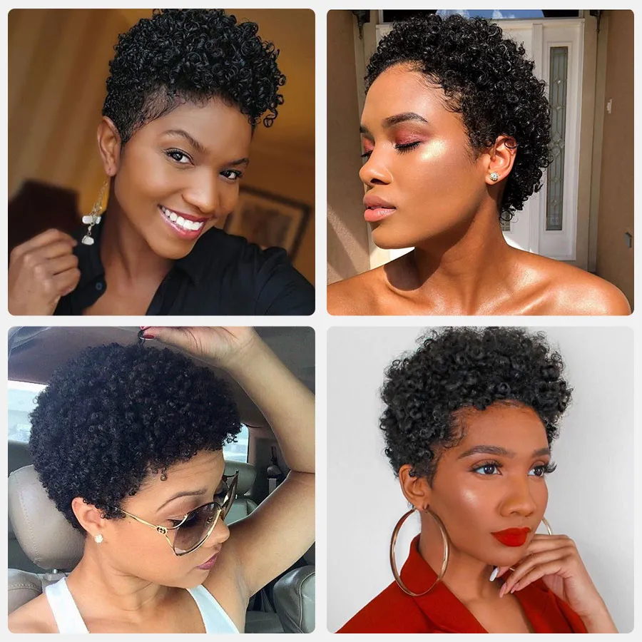 ピクシーカットウィッグ人間の髪の髪の髪の髪の短いボブのウィッグ女性Afro Kinky Curly Wigフルマシン作り安く人間の髪の毛のかつらAlimaster