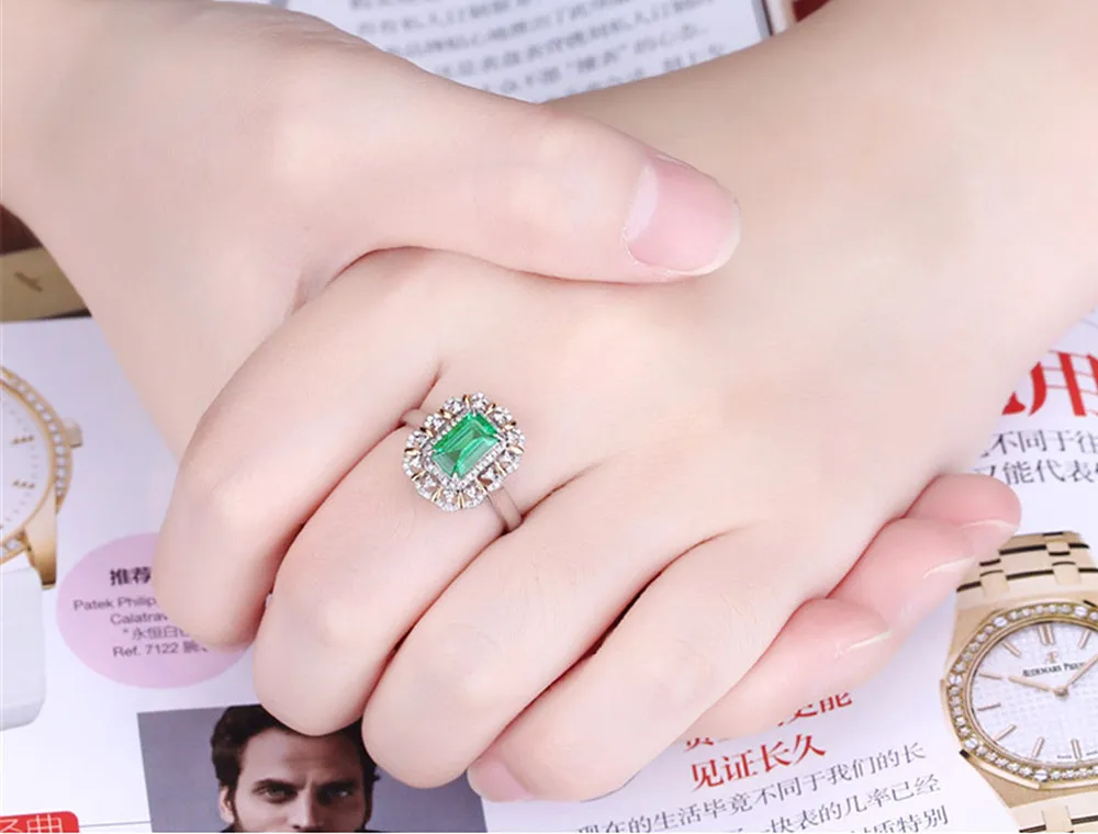 Square Green Emerald Gemstones Diamond Rings for Women 18k White Gold Silver Color Argent Bague Luxury Jewelry Bijoux Gifts9413388