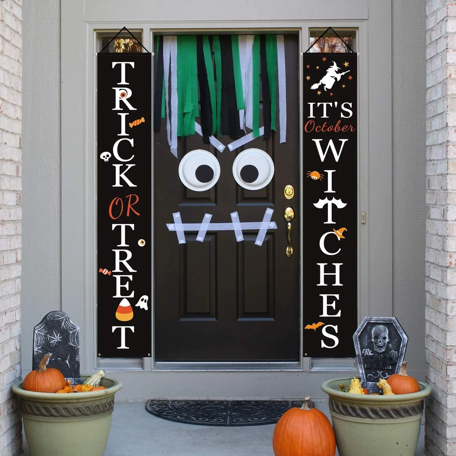 Decorazione di Halloween all'aperto Dolcetto o scherzetto e cartello di benvenuto di Halloween decorato con la porta d'ingresso della strega di ottobre Y201006