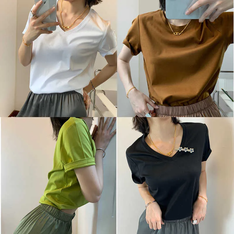 Mulberry Silk Round Neck Woman Cotton T-shirt Solid Color Casual Basic T-shirts Womens Summer 2020 Tops Y0621