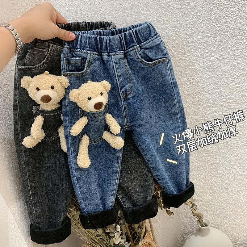 2-6 anni inverno ragazze ragazzi simpatico cartone animato orso jeans pantalone bambino bambini bambini spessi pantaloni in denim caldo pile 210303