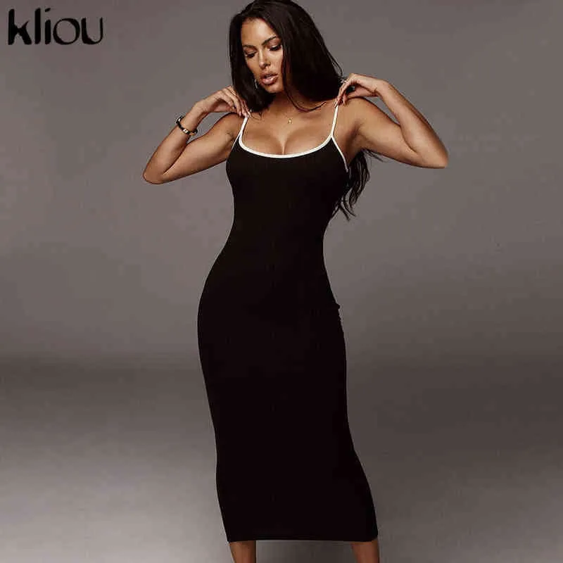 Kliou sangle dos nu sexy moulante midi longue robe nouvelles femmes taille haute coton rayé robes élégant mode fête vêtements Y1204