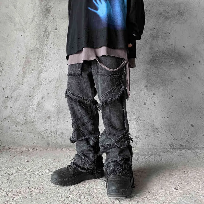 UNCLEDONJM Hip hop flare kot erkek giyim geniş bacak streetwear UZ69 için siyah gotik giysiler