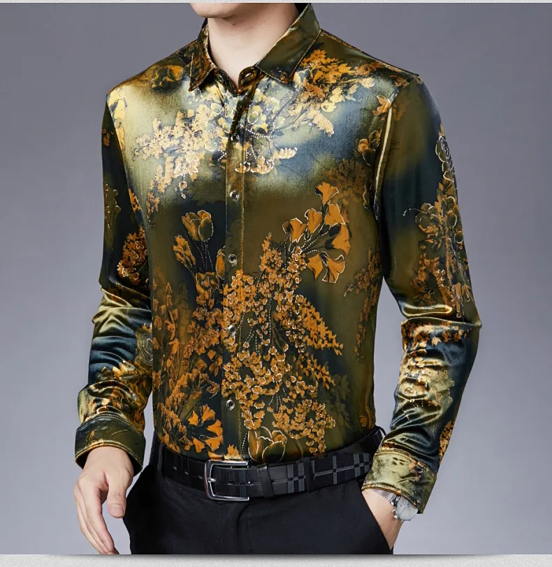 Chemises d'affaires d'âge moyen, chemise à revers imprimée à manches longues pour hommes, beau velours doré, vêtements à la mode et à la mode