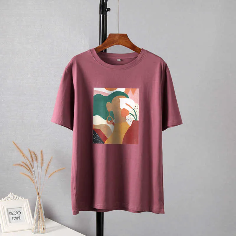 Hirsionsan esthétique imprimé t-shirt doux Vintage t-shirts amples abstrait graphique coton t-shirts été décontracté hauts 210623