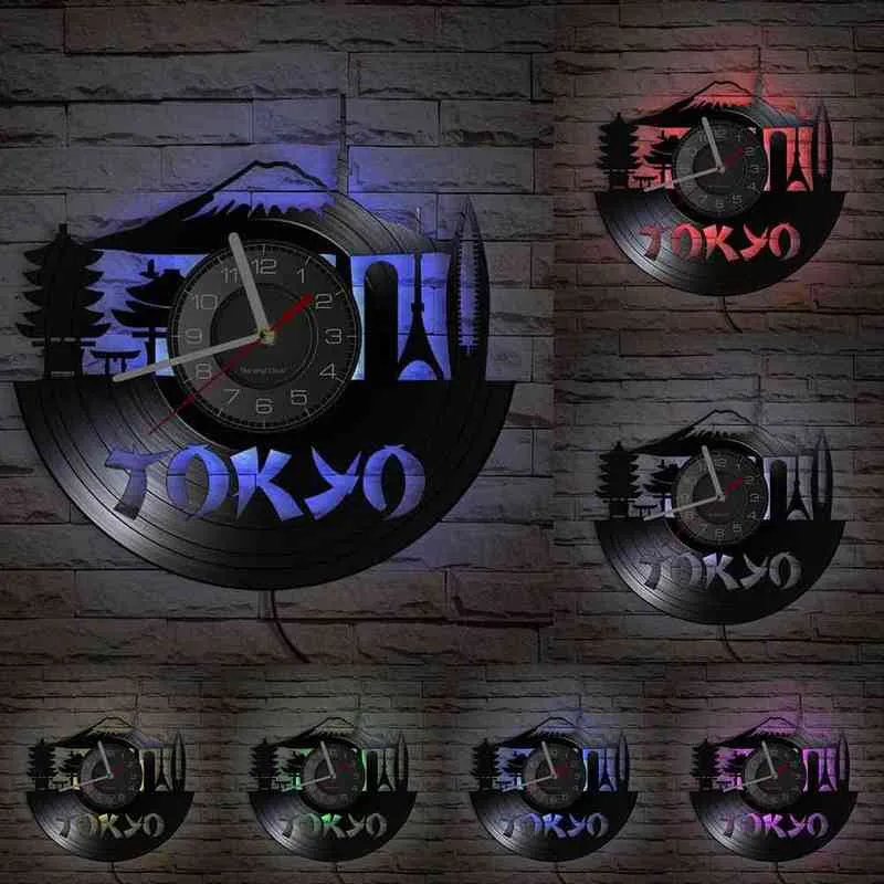 Tokyo Skyline Horloge Murale Décorative Pour Enterprise Office Japanese Cityscape Vinyl Album Re-purposed Record Clock Japon Souvenir H1230