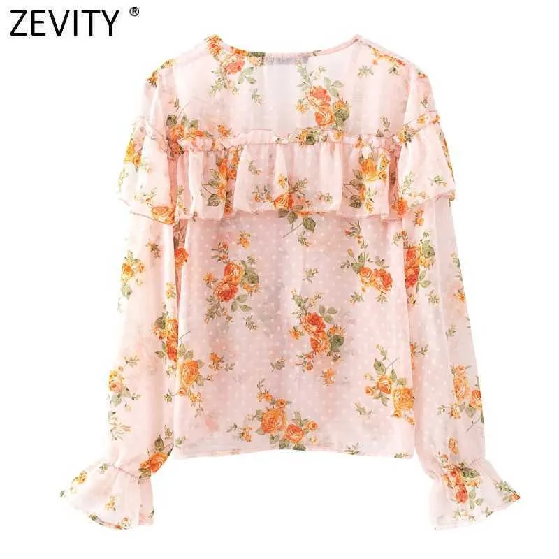 Zevity Frauen Süße Plissee Rüschen V-ausschnitt Blumendruck Casual Shirt Weibliche Chiffon Bluse Roupas Chic Chemise Tops LS9076 210603
