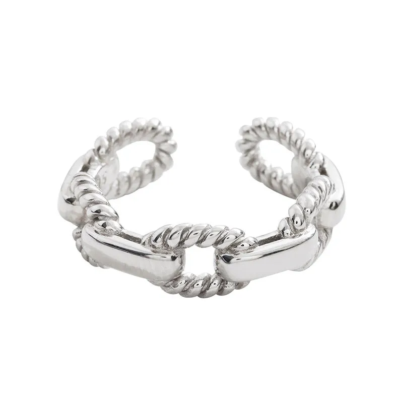925 Sterling Silver Simple Link Chain Shaped Rings For Women Adjustable Ring Jewelry Accessories Gift S-R998