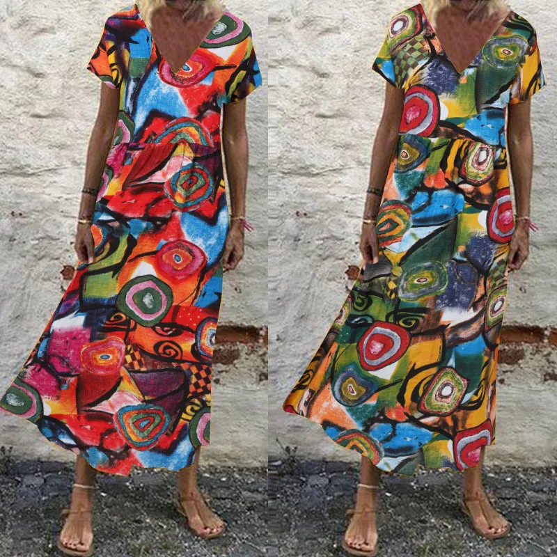 Oversized Womens Floral Sundress Zanzea 2021 Kaftan Drukowana Summer Sukienka z krótkim rękawem Maxi Vestidos Kobiet Dorywczo Robe Femme X0521