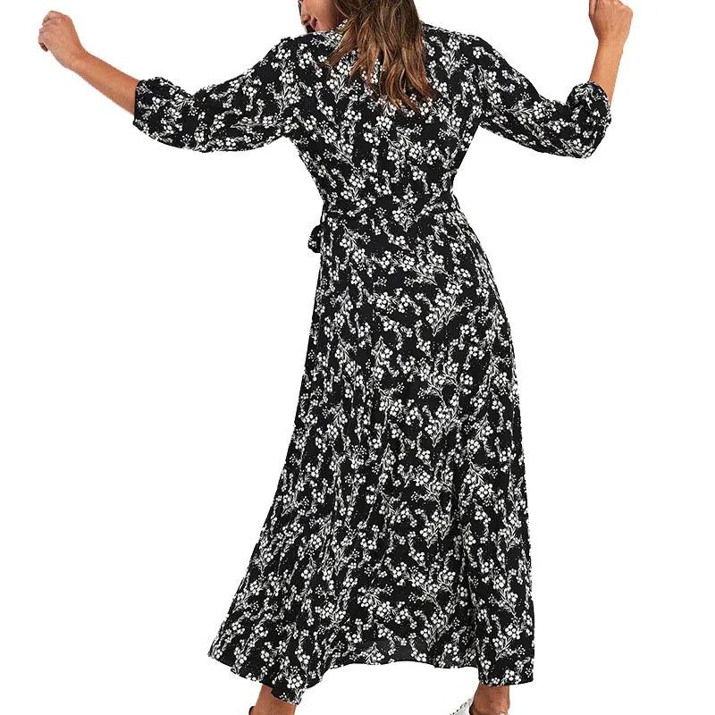 Женщины Maxi платье старинные цветочные принты шифон Boho длинное платье поворотный воротник повседневная элегантная рубашка платья халат Femme Vestidos 210306